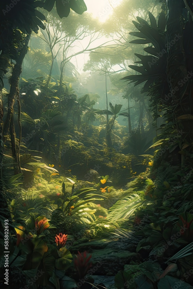 Forest in the morning in a fog in the sun, trees in a haze of light, glowing fog among the trees. Generative Ai. Forest in the morning in a fog in the sun, trees in a haze of light, glowing fog among the trees. Generative Ai.