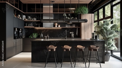 A sophisticated modern kitchen showcasing black colors and a lively plant accent, created by AI.
