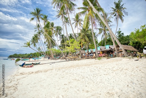 Dreamlike idyllic beach of Siquijor in the Philippines with palm trees along the beach.