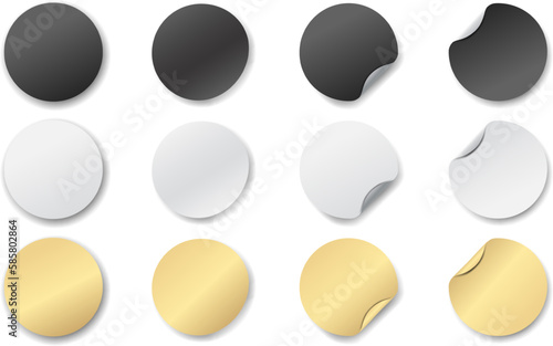 Realistic set of black, white and gold round sticky stickers with curved edges and a realistic drop shadow. Realistic stickers for your design on transparent background. Vector EPS 10 and PNG