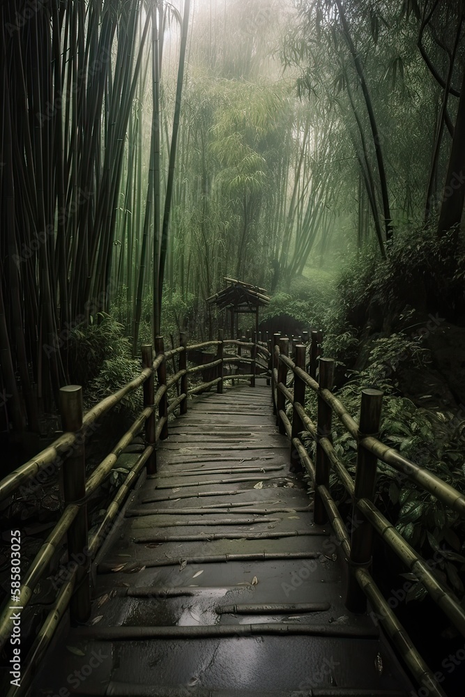 Obraz premium Scenery of Bamboo forest in spring surrounded by silence. Path to bamboo forest. Generative Ai.
