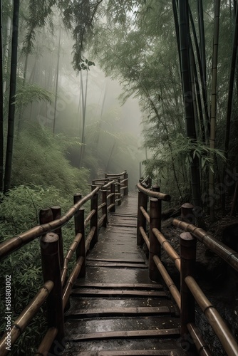 Scenery of Bamboo forest in spring surrounded by silence. Path to bamboo forest. Generative Ai.
