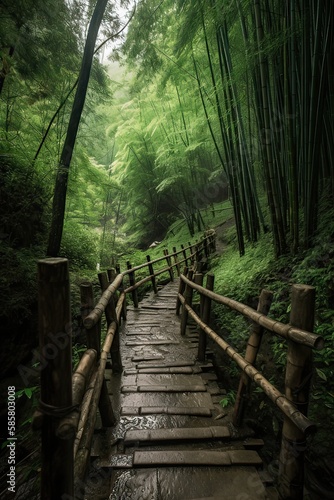 Scenery of Bamboo forest in spring surrounded by silence. Path to bamboo forest. Generative Ai.