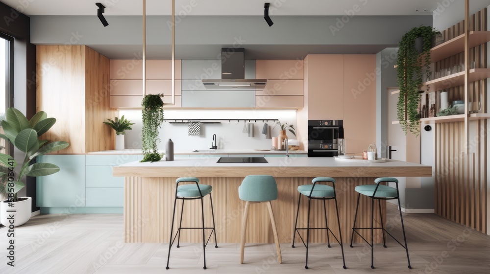 A chic modern kitchen featuring pastel colors and a refreshing plant accent, created by AI. A chic modern kitchen featuring pastel colors and a refreshing plant accent, created by AI.