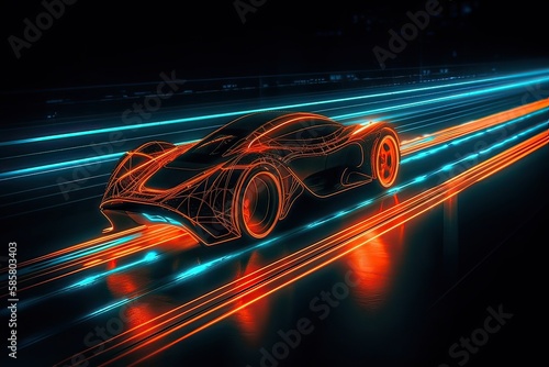 Futuristic Sports Car On Neon Highway. Powerful acceleration of a supercar on a night track with colorful lights and trails. 3d illustration. Generative Ai.