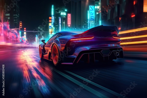Futuristic Sports Car On Neon Highway. Powerful acceleration of a supercar on a night track with colorful lights and trails. 3d illustration. Generative Ai. © Kowit