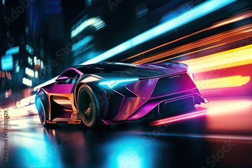 Futuristic Sports Car On Neon Highway. Powerful acceleration of a supercar on a night track with colorful lights and trails. 3d illustration. Generative Ai.