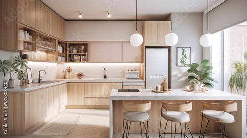 A chic modern kitchen featuring pastel colors and a refreshing plant accent  created by AI.