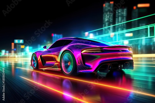 Futuristic Sports Car On Neon Highway. Powerful acceleration of a supercar on a night track with colorful lights and trails. 3d illustration. Generative Ai. © Kowit
