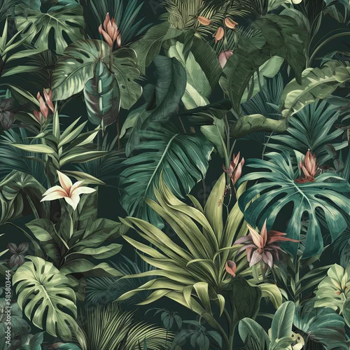 Naklejka na ścianę Tło z egzotycznej tropikalnej dżungli, wygenerowane przez sztuczną inteligencję