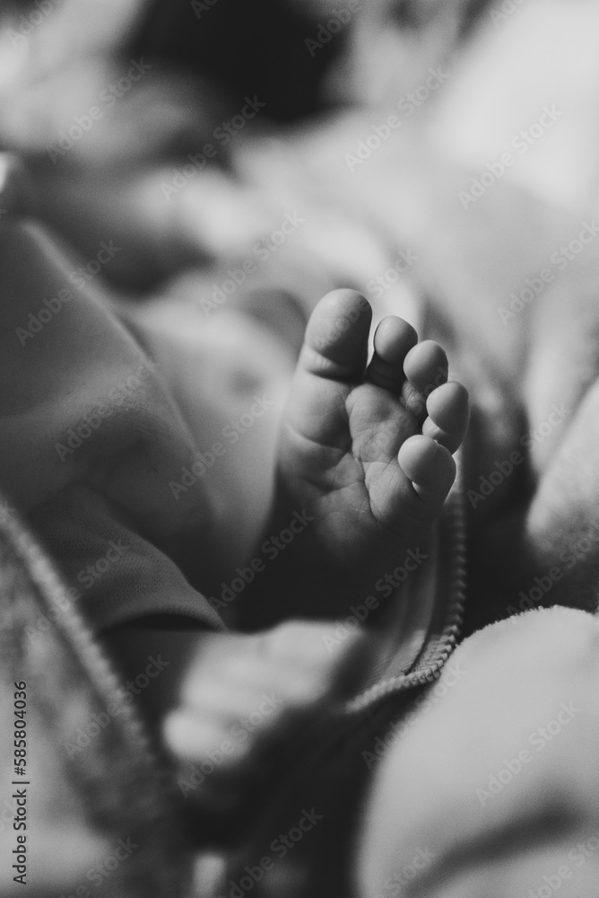 Baby feet. Tiny, cute, bare feet of a little newborn baby girl or boy wrapped in a soft, and
