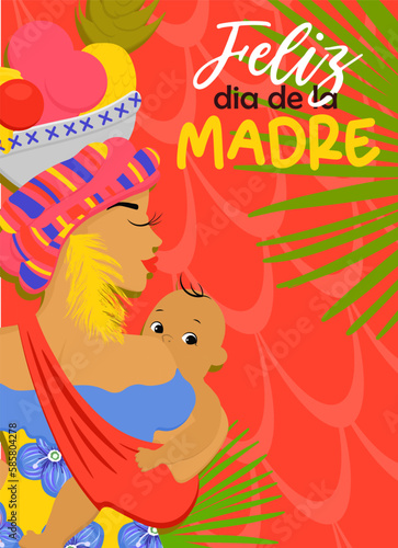 Colombian mothers day greeting banner template,bright mothers day flyer afrocolombian woman. In Spanish: Happy Mother's Day photo