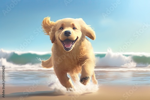 Cute Golden Retriever Running on the Sand at the Beach (Generative AI)