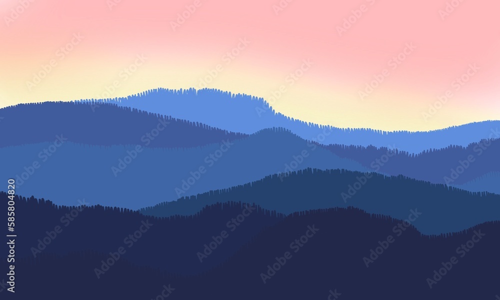 Illustration of a beautiful dark blue mountain landscape with sky and forest. Sunrise and sunset in the mountains.