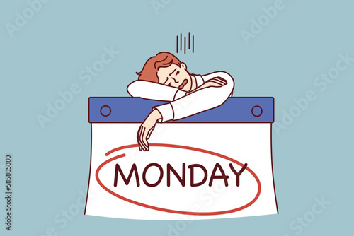 Man sleeps leaning on giant calendar with inscription Monday feeling burned out due to high intensity work. Concept burnout associated with tight deadlines and workaholism entailing health problems 