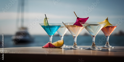 Cocktail with orange and straw on the background of the sea and blue sky. Cocktail on the terrace of a restaurant on the beach. Generative AI technology.  photo