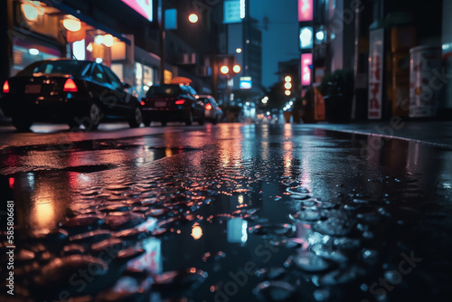 Low angle blurred photography of city lights by night on a rainy day. New York street city lights out of focus. 