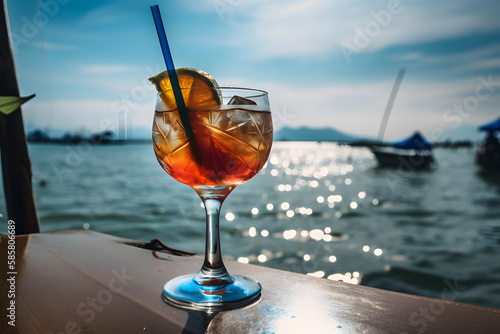 Cocktail with orange and straw on the background of the sea and blue sky. Cocktail on the terrace of a restaurant on the beach. Generative AI technology.  © vachom