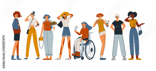 Diversity of people. Vector women of various ages, nationalities, physiques, clothes, hairstyles. Inclusion. Vector flat line illustration