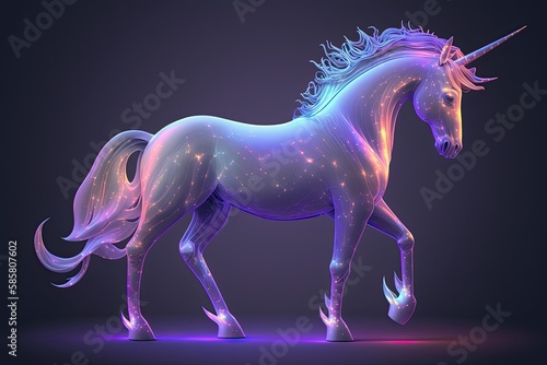 holographic magical unicorn concept of startup company on dark background