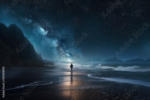 Interconnectedness of Human Life and the Cosmos, Man Standing on Black Sand Beach Under a Starry Night Sky by Generative AI