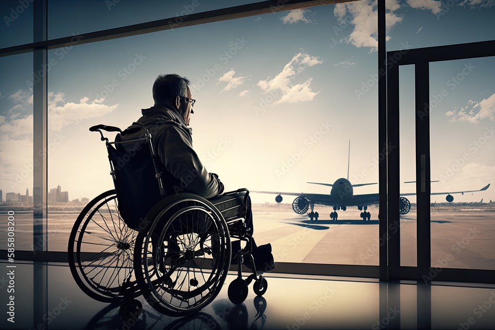 man in wheelchair with view of planes landing and taking off at busy