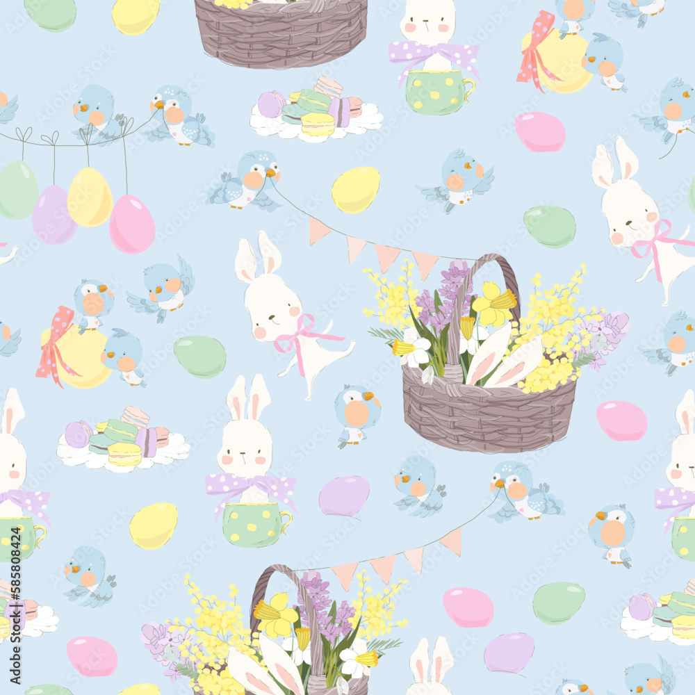 Seamless Pattern with Cute White Bunnies, Flowers and Easter Eggs Seamless Pattern with Cute White Bunnies, Flowers and Easter Eggs