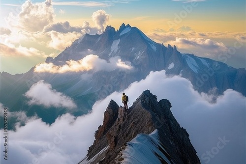 Adventurous Hiker Reaching Peak with Dramatic Clouds by Generative AI
