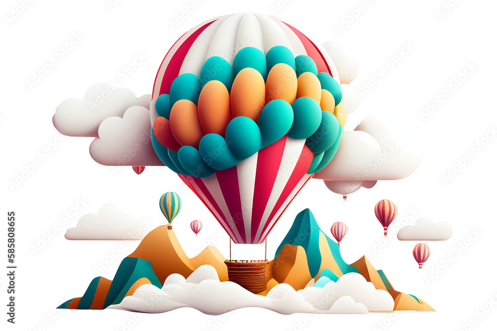 3d illustration hot air balloon in the sky with mountains and clouds ...