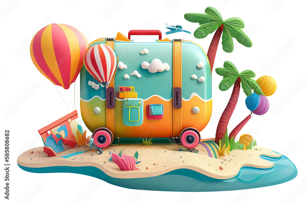 3d illustration suitcase with on the beach island travel vacation tourist summer holiday idea concept, isolated on white and transparent background, ai generate - obrazy, fototapety, plakaty 