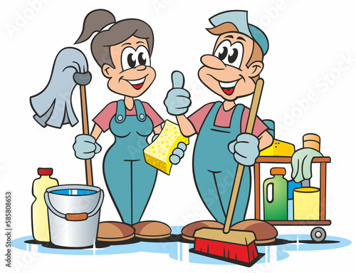 Cartoon, Reinigungskraft männlich und weiblich, mit Besen, Eimer und Reinigungsmittel