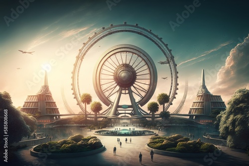 Experience the Thrill: A Cinematic AI-Generated Futuristic Amusement Park by Weta Digital with Realistic Detail and Spectacular Vantage Points, Generative AI photo