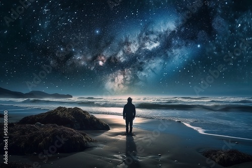 Interconnectedness of Human Life and the Cosmos, Man Standing on Black Sand Beach Under a Starry Night Sky by Generative AI