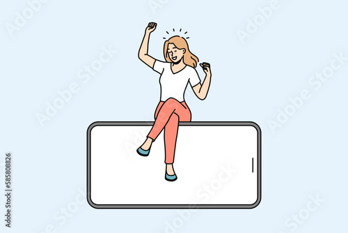 Smiling woman sitting on huge cellphone with mockup screen. Excited female client on smartphone with empty blank display. Deal or sale recommendation. Advertising. Vector illustration. 