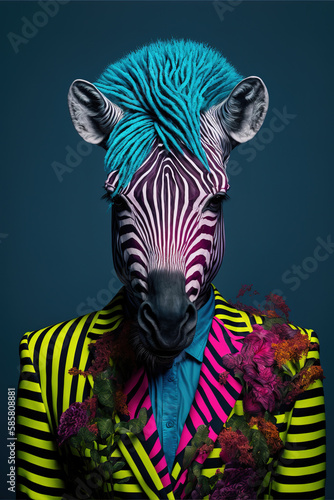 Zebra woman in a colorful suit on isolate background   black and white stripes zebra fashion soot. Creative animal concept. Generative ai