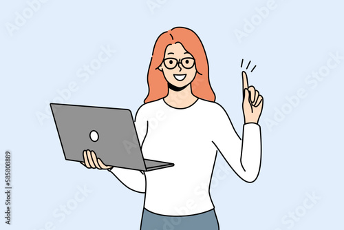 Smiling businesswoman with laptop in hands put finger in air excited about innovative idea. Happy woman employee generate business thought work on computer. Vector illustration. 