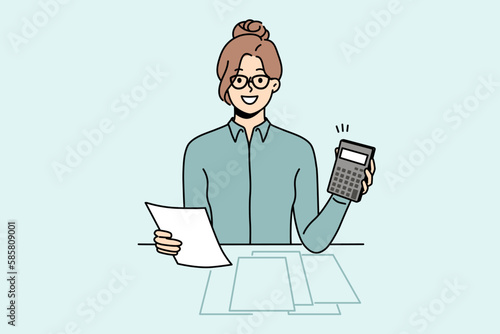 Smiling female accountant sit at desk in office calculating taxes on machine. Happy woman manage budget count expenses on calculator. Vector illustration. 