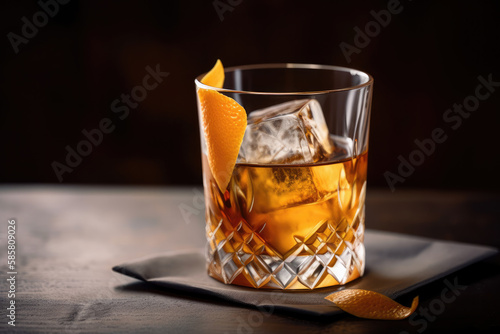 Old fashioned whiskey drink on ice with orange zest garnish