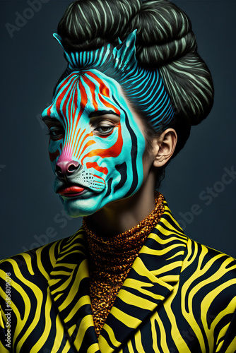 portrait of a woman in a colorful zebra inspired mask. high fashion concept art. Generative art.