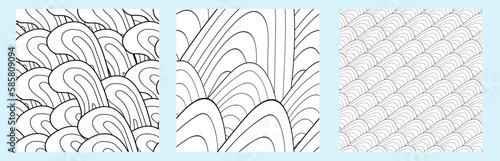 Set of seamless asian patterns. Art sea background vector. Contemporary black and white design. Abstract texture. Japanese traditional style.