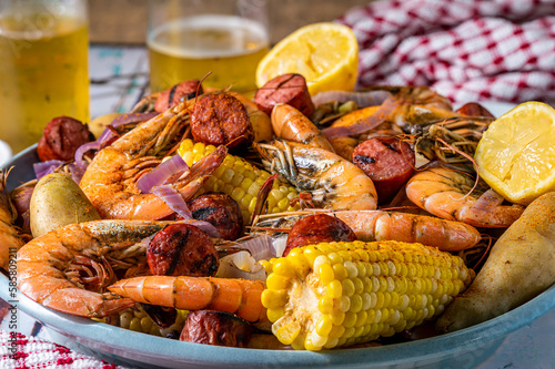 Boiled shrimp on a platter Southern US style. Low country boil.