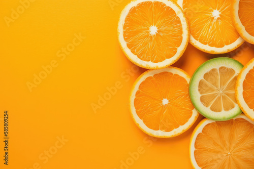 top view of orange slices with copy space on orange background
