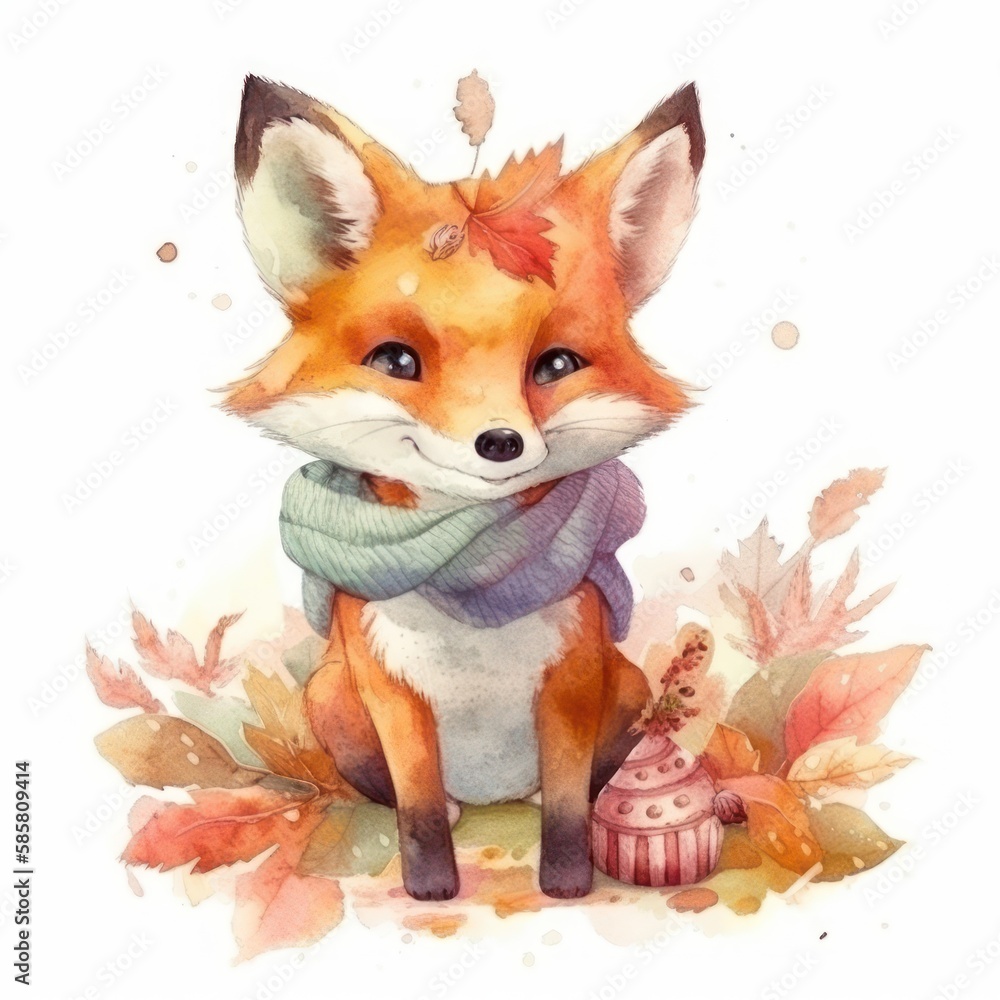 Obraz premium Watercolor forest baby animals. Cute fox, rabbit, berries, flowers. Summer woodland, nature scene, valley. Wildlife creatures