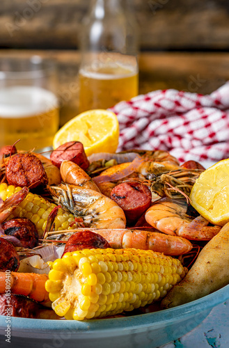 Boiled shrimp on a platter Southern US style. Low country boil.