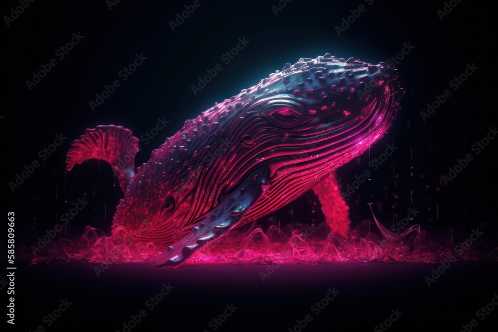 Abstract Blue whale with colorful lights on black background. Colorful design for t-shirt print. Generative AI 