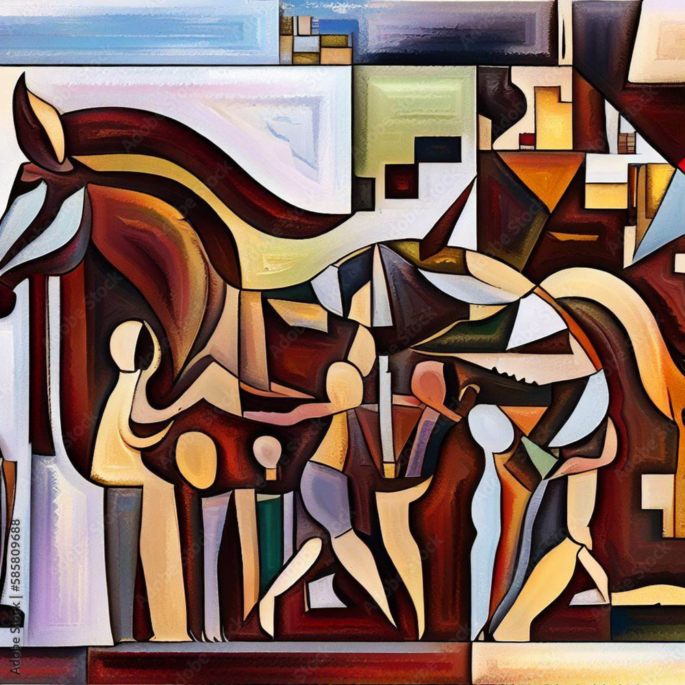 Fototapeta premium Cubist painting of the wood Trojan horse, as going into the mythical city of Troy, people around, Generative AI