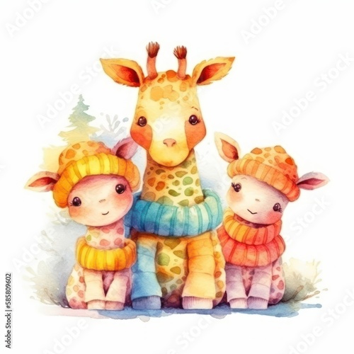 Cute portrait giraffe head in cartoon style. Drawing african baby wild face isolated on white background. Watercolor sweet giraffe for kids poster and card. Jungle animal © Stasie