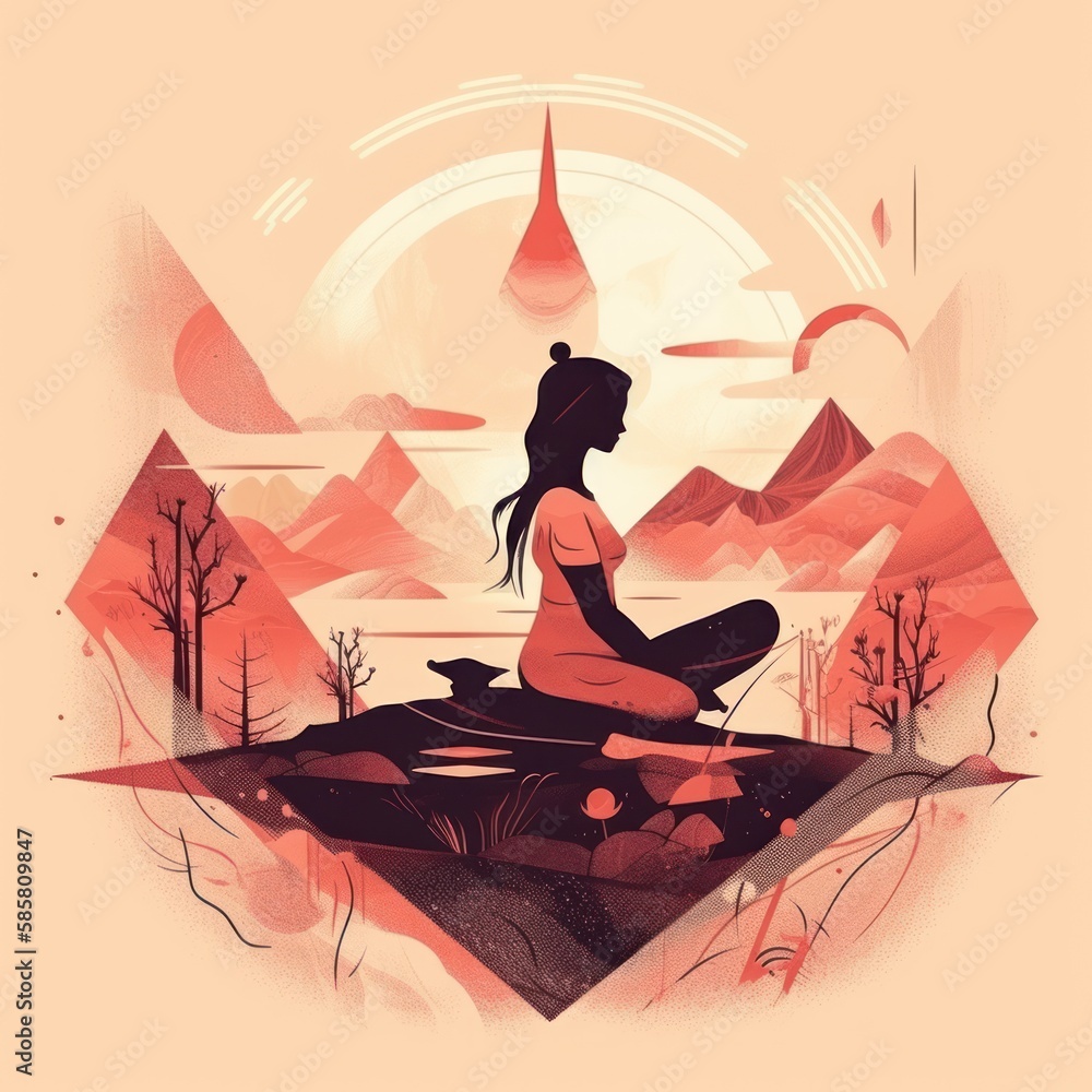 yoga in the lotus position, woman doing yoga with nature background illustration