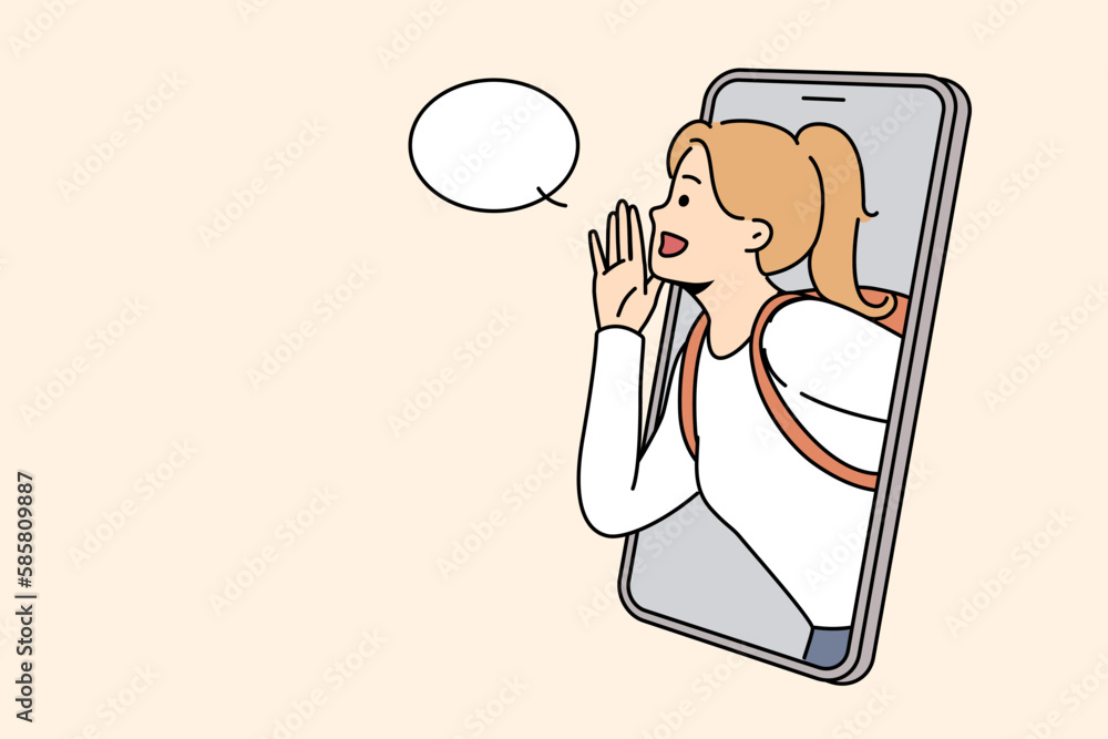 Girl with backpack make hand gesture scram form cellphone screen about good sale deal or promotion. Woman with hands as megaphone make announcement. Vector illustration. Girl with backpack make hand gesture scram form cellphone screen about good sale deal or promotion. Woman with hands as megaphone make announcement. Vector illustration.