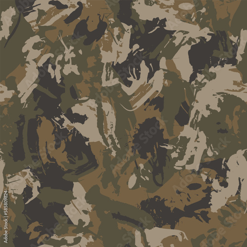 Urban camouflage, modern fashion design. Camo military protective. Army uniform. Grunge brush stroke pattern. Black khaki green and dark brown fashionable fabric print. Vector seamless texture